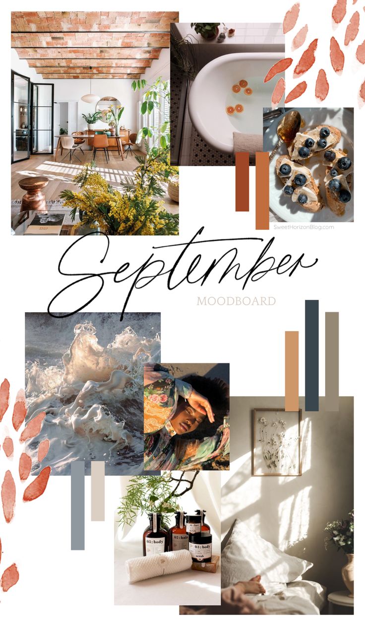 a collage of photos with the words september surrounded by images of flowers and plants