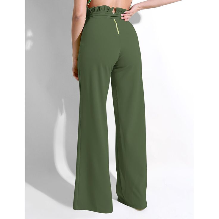 Army Green Ruffle Hem Straight Leg Casual Pants Solid Color Ruffle Party Bottoms, Ruffled Party Bottoms, Chic Summer Wide Leg Pants With Ruffles, Elegant Green Ruffled Bottoms, Chic Solid Bottoms With Ruffles, Chic Ruffled Solid Color Bottoms, Chic Green Bottoms With Ruffles, Chic Ruffled Pants For Workwear, Chic Wide Leg Pants With Ruffles For Spring