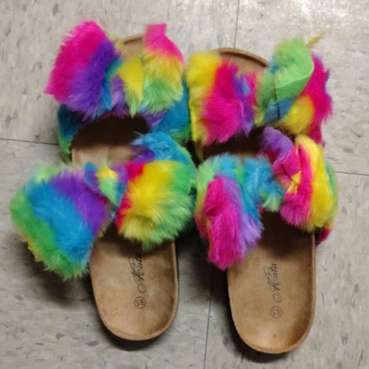 Rainbow Fluffy Sandals Multicolor Round Toe Slippers For Spring, Trendy Multicolor Flat Slippers, Fun Slide Slippers For Spring, Multicolor Flat Synthetic Slippers, Multicolor Open Toe Slippers For Spring, Fun Open Toe Slippers For Spring, Rainbow Sandals With Round Toe For Party, Rainbow Round Toe Sandals For Party, Fun Multicolor Round Toe Slippers