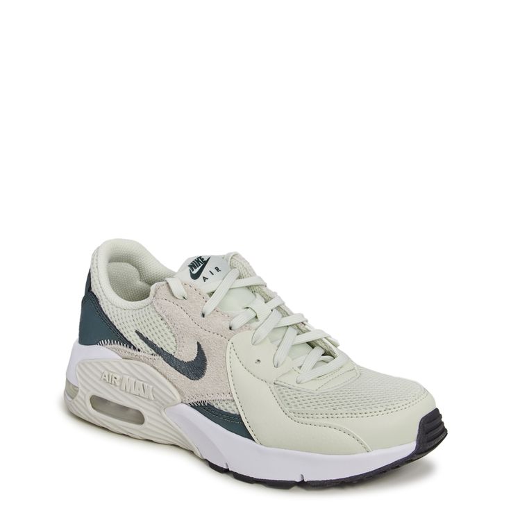 These women's Nike Air Max Excee sea glass/vinathe green/white athletic sneakers feature an iconic design with a contemporary flair. These fashion athletic shoes are crafted with mesh, synthetic and leather for long-lasting use, supportive overlays, and lace-up closure with blind eyelets for an adjustable fit. Elongated design lines and distorted proportions on the upper along with Air Unit in the heel offer a modern look. Foam midsole and foam and rubber outsole pods give lightweight comfort and durability. | Nike Women's Air Max Excee Running Shoe in Sea Glass/Vintage Green/White Size 9 Medium Shoes For Women Sneakers & Athletic, Cute Gym Shoes, Workout Shoes For Women, Cool Womens Sneakers, Fashion Athletic Shoes, Cute Running Shoes, Nike Gym Shoes, White Athletic Sneakers, Shoes For School