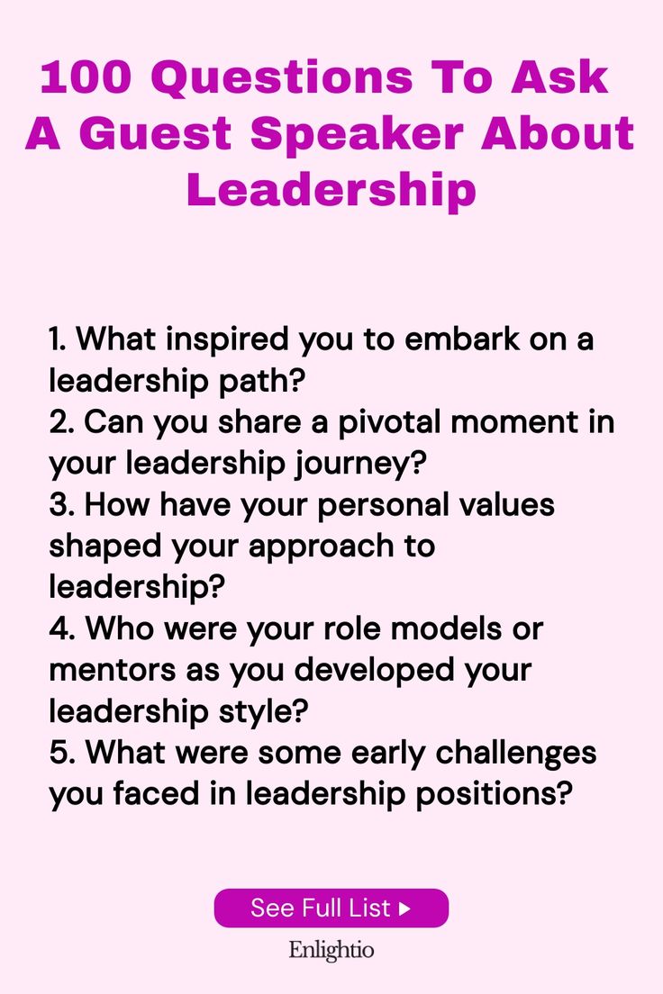 a pink poster with the words, 100 questions to ask a guest speaker about leadership