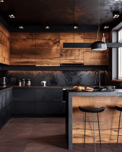 a kitchen with wooden cabinets and stools next to an island in front of a window