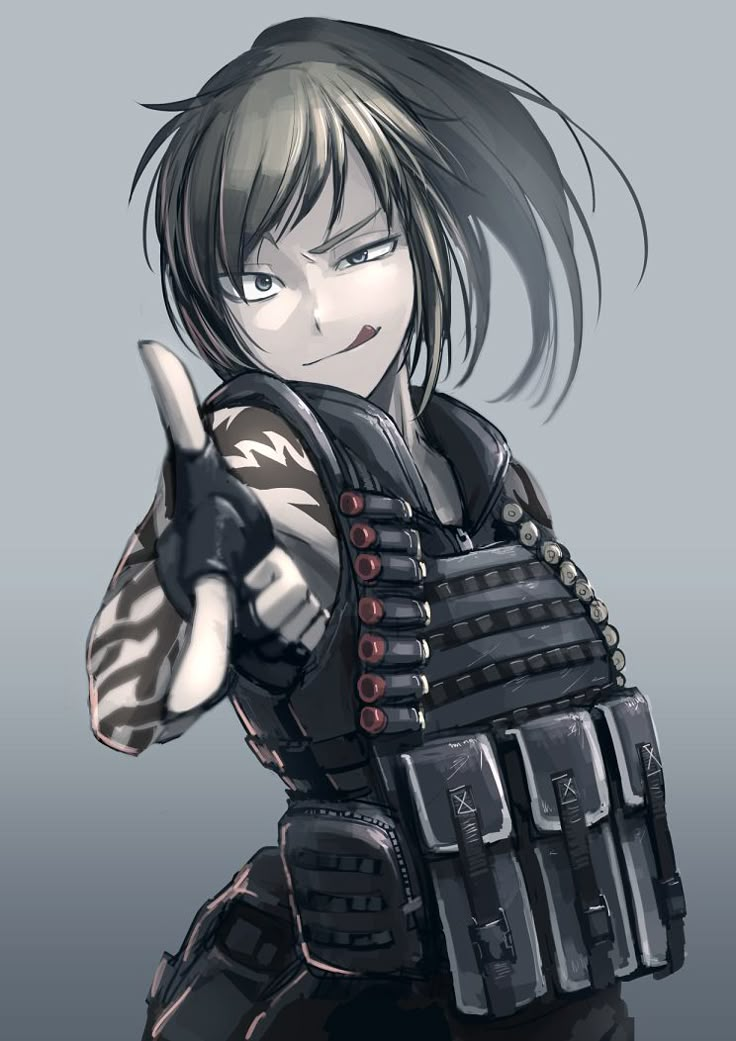 1girl ;p ammunition blue_eyes blurry brown_hair depth_of_field fingerless_gloves gloves hetza_(hellshock) load_bearing_vest looking_at_viewer original pointing pointing_at_viewer pouch shotgun_shells solo suzumi_(hetza) tattoo tongue wink Hetza Hellshock, Mafia Girl Aesthetic, Revy Black Lagoon, Black Lagoon Anime, Anime Military, Military Girl, Black Lagoon, Girls Frontline, Character Modeling