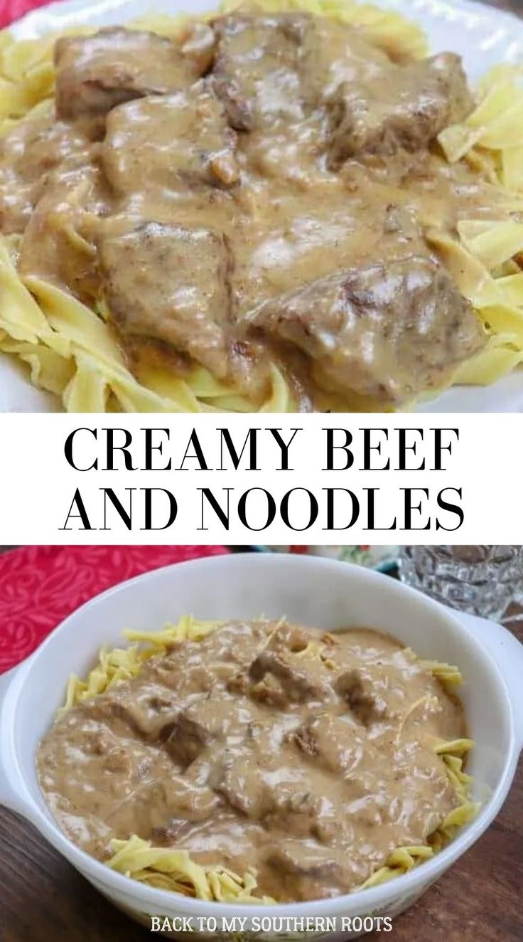 creamy beef and noodles in a white bowl on top of a red placemat with the words, creamy beef and noodles