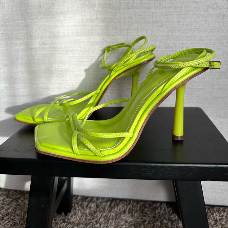 Brand New Without Tags Never Been Worn, Only Tried On At Home. Size 39 Eu Fits Like An 8/8.5 Us Green Square Toe Heels For Spring, Spring Green Square Toe Heels, Green Square Toe Heels For Summer, Yellow Heels With 4-inch Heel For Spring, Spring Yellow Heels With 4-inch Heel, Neon Yellow Ankle Strap Sandals For Spring, Yellow High Heel Spring Shoes, Yellow High Heel Shoes For Spring, Trendy Green Zara Heels