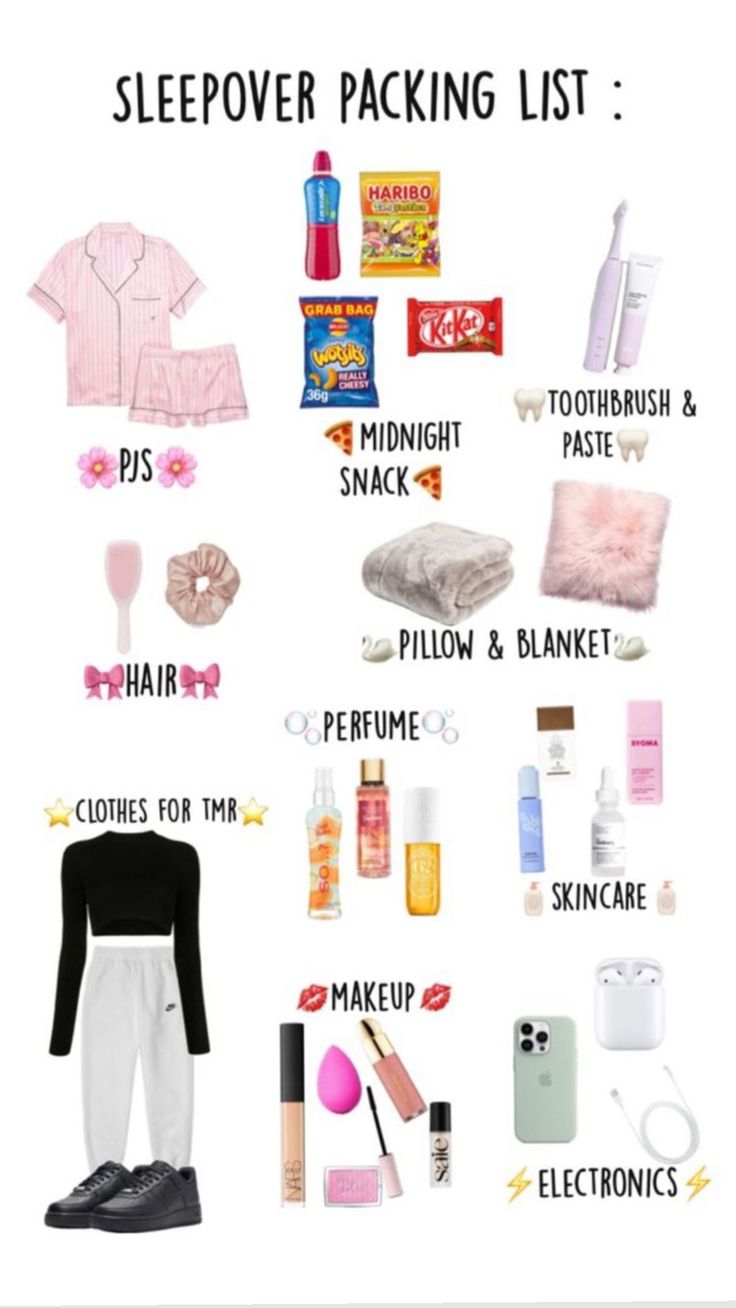 a poster with the words sleepover packing list and other things to pack in it