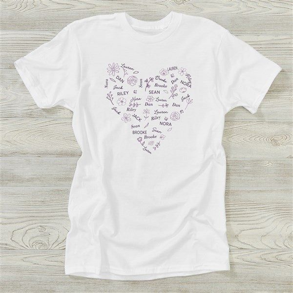 * Choose from multiple color options and our artfully designed heart is made up of any 29 names   * If less than 29 names are filled in, some of the names entered will repeat to complete the heart design * An assortment of fonts are used throughout the design  Her heart will be full of love with our Blooming Heart Personalized Ladies Shirts designed exclusively for that special lady. The perfect gift for Mom and Grandma! Ladies Shirt Design, White T-shirt With Heart Print For Mother's Day, White T-shirt With Name Print For Valentine's Day, Mother's Day Heart Print Short Sleeve T-shirt, Cheap Women's Heart Print T-shirt, Personalization Mall, Valentine's Day Cotton T-shirt With Heart Print, Mom And Grandma, Purple Grey