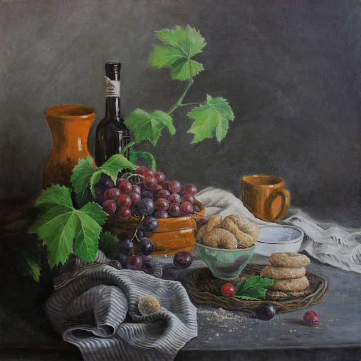 a painting of grapes and other food on a table