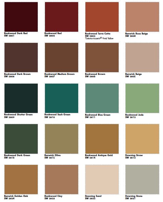 the color chart for different shades of paint in various colors and sizes, including brown, green