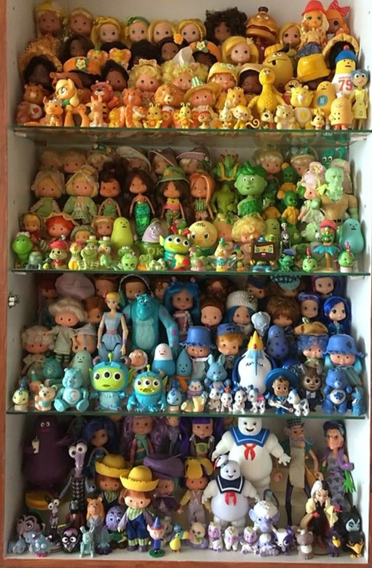 a shelf filled with lots of toy figurines