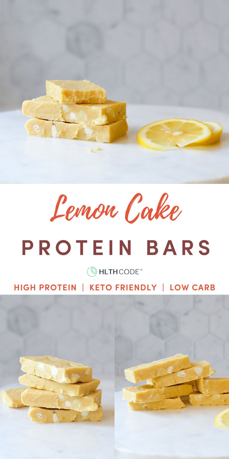 lemon cake protein bars stacked on top of each other