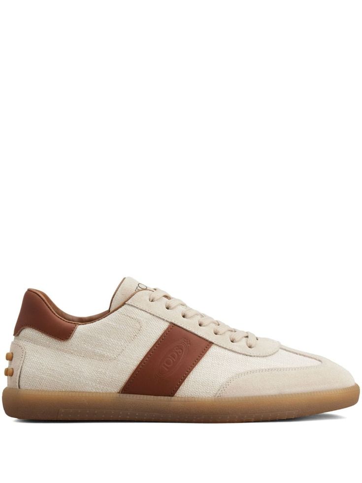 archive beige/chocolate brown canvas/calf leather suede panelling colour-block panelled design side stripe detailing debossed logo to the side logo-print tongue embossed detail round toe front lace-up fastening contrasting heel counter branded insole flat rubber sole Designer Beige Sneakers With Rubber Sole, Classic Beige Sneakers, Classic Beige Sneakers With Rubber Sole, Beige Calf Leather Sneakers With Rubber Sole, Classic Brown Sneakers With Contrast Sole, Casual Beige Calf Leather Sneakers, Designer Brown Sneakers With Rubber Sole, Classic Beige Sneakers With Leather Sole, Designer Beige Sneakers With Contrast Sole