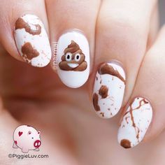 After couple of serious designs, I need me something fun! The poop emoji has always gotten on my nerves, might as well turn it into something ridiculous ;-) Emoji Nail Art, Volleyball Nails, Emoji Nails, Bad Nails, Crazy Nail Art, Animal Nail Art, Finger Nail Art, Poop Emoji, Creative Nail Designs