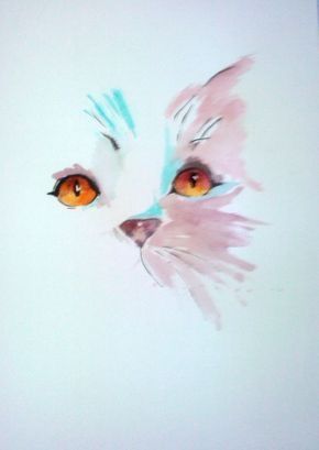 a drawing of a cat's face with orange eyes and pink feathers on it