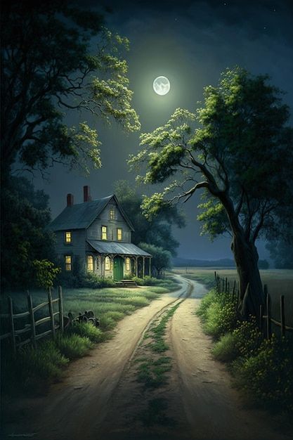 a painting of a house by the water at night with full moon in the sky