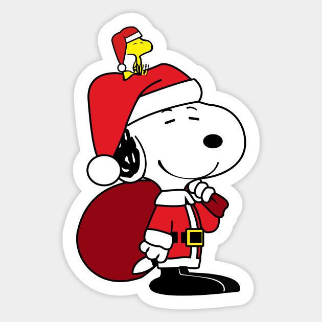 a cartoon character wearing a santa hat and holding a red bag with a bell on it