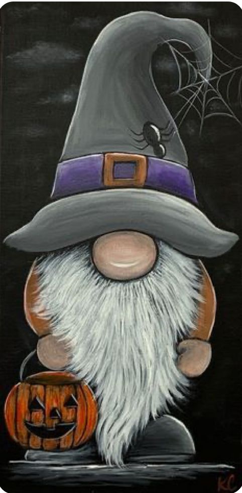 a painting of a gnome holding a pumpkin