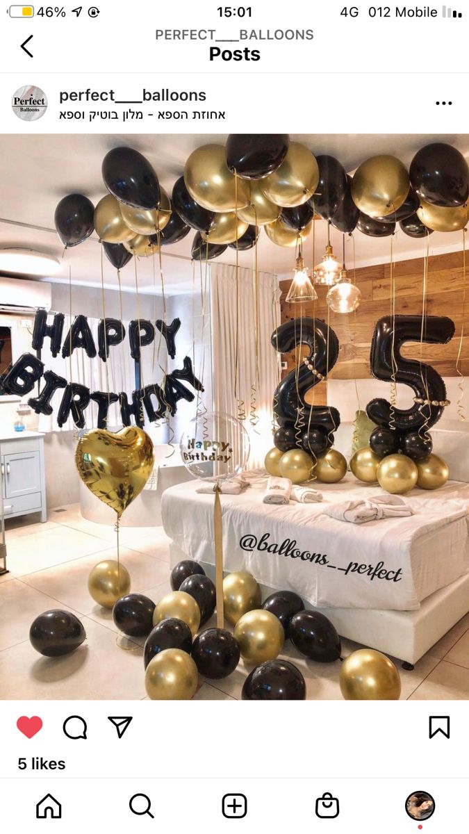 the birthday cake is surrounded by black and gold balloons