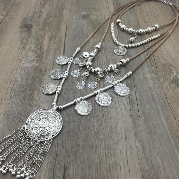 Tribal Plate Necklace +Silver plated Coins +Long String Leather +Ethnic Jewelry Silver Coin Necklace, Boho Statement Necklace, Western Necklaces, Necklaces Chain, Silver Jewelry Box, Coin Pendant Necklace, Boho Chic Jewelry, Bohol, Western Jewelry