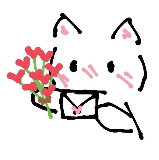 a drawing of a cat holding a bouquet of flowers in it's mouth with hearts on its chest