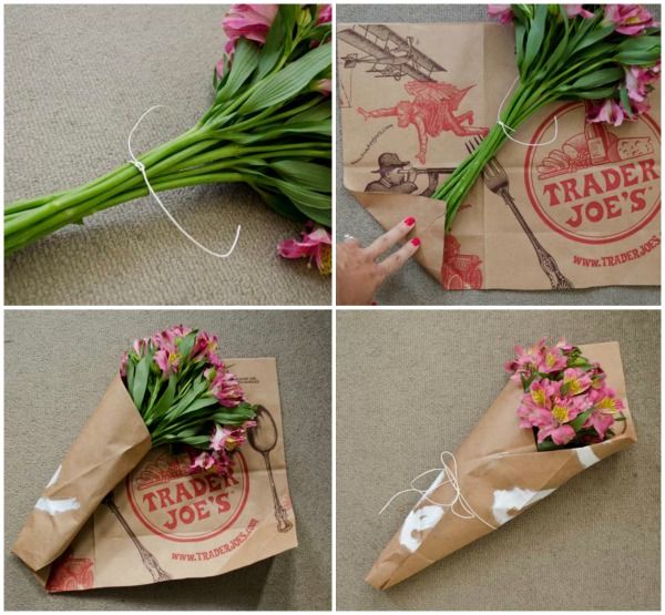 the process of making a flower bouquet out of wrapping paper and flowers are shown here