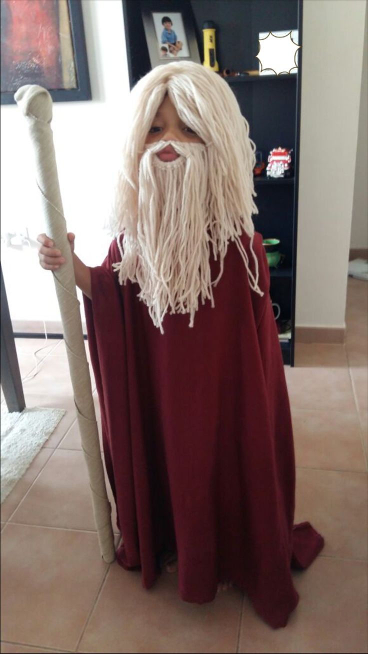 a man in a red cape and beard holding a large stick with long white hair