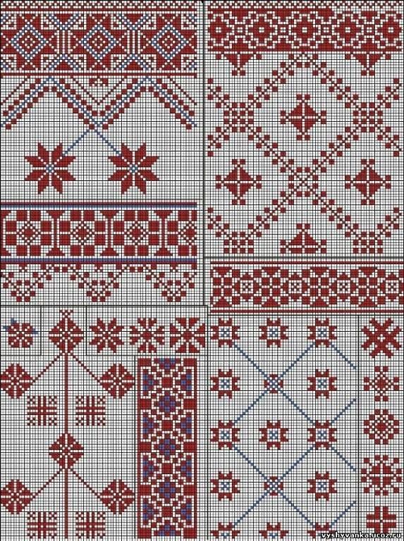 cross stitch patterns in red and white with blue trims on the bottom, one has an ornament that looks like snowflakes