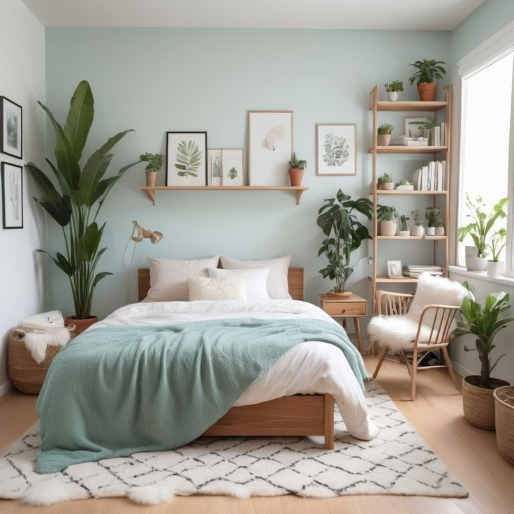 a bedroom with blue walls and white bedding, potted plants on the wall