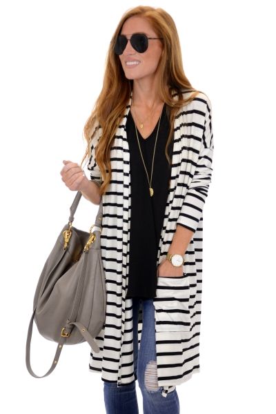 Everyday Striped Cardi :: NEW ARRIVALS :: The Blue Door Boutique Trendy Striped Outerwear For Layering, Chic Striped Cardigan For Spring, Spring Striped Cardigan For Layering, Spring Striped Outerwear For Layering, Striped Cardigan For Spring Layering, Blue Door, Rebecca Minkoff Hobo, Black Stripes, Boutique Clothing