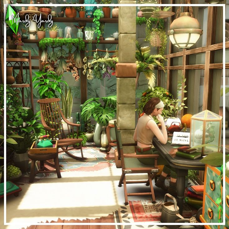 a woman sitting at a table in a room filled with plants and potted plants