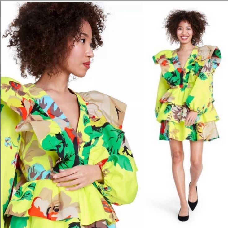 Sold Out! Limited Edition Christopher John Rogers X Target High Fashion, Art To Wear Long-Sleeve Yellow Dress With Vibrant Wallpaper Floral Print Exaggerated Ruffles At V-Neckline Make For A Statement Look Tiered Skirt And Voluminous Sleeves Lend Extra Drama Half Zip Closure At Back For Easy On/Off Material: 48% Recycled Polyester, 52% Polyester Garment Length: Mini Fit: Standard Fit Neckline: V Neck Total Garment Length: 35 Inches Pockets: No Pocket Garment Sleeve Style: Puff Sleeve Yellow V-neck Mini Dress With Ruffle Hem, Yellow Ruffle Dress For Spring, Yellow Ruffled Dress For Spring, Spring Yellow Ruffled Dresses, Yellow Ruffled Mini Dress For Brunch, Yellow Long Sleeve Ruffled Dress, Yellow Mini Dress With Ruffles For Spring, Yellow Mini Dress With Ruffle Hem For Spring, Yellow Long Sleeve Dress