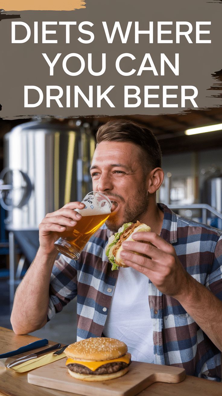 a man drinking beer and eating a hamburger with the words diets where you can drink beer