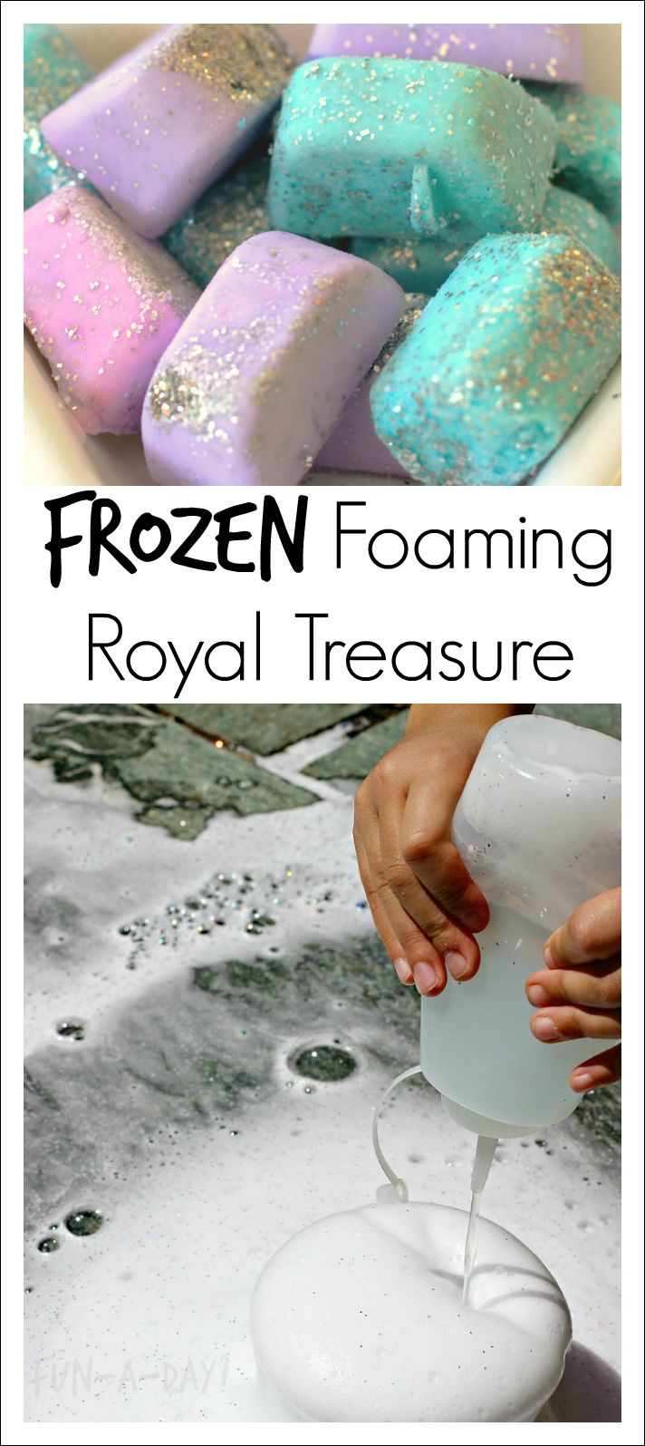 frozen foaming is being poured onto a white bowl with blue and pink marshmallows