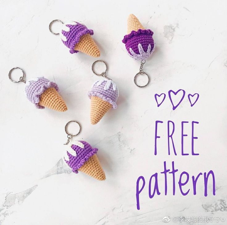 four crocheted ice cream cones are shown with the words free pattern on them