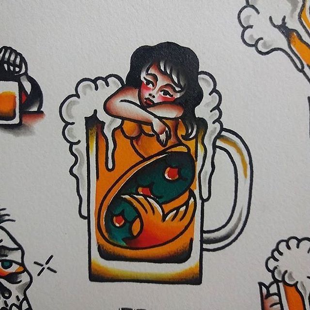 a drawing of a woman sitting in a beer mug