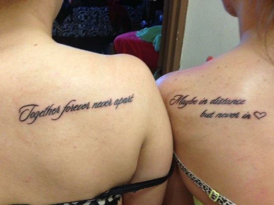 two women with tattoos on their backs that say, together there is always hope in distance but never as