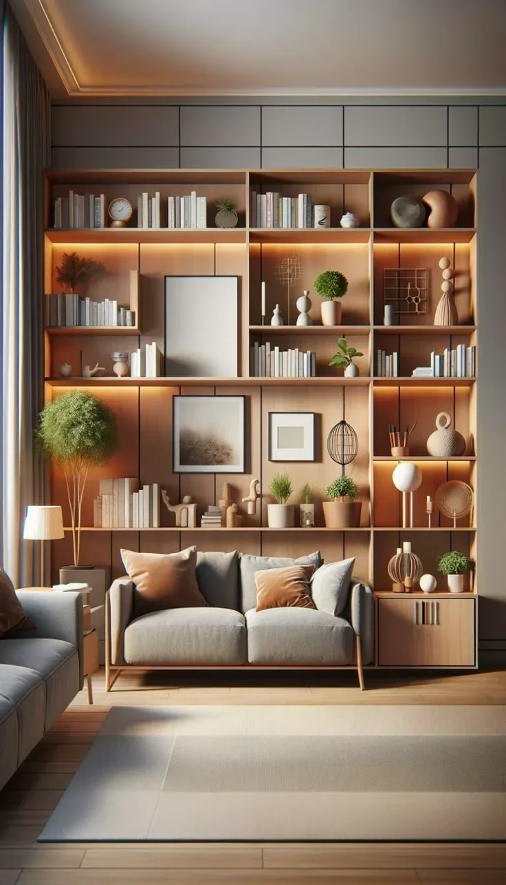 a living room filled with lots of furniture and bookshelves