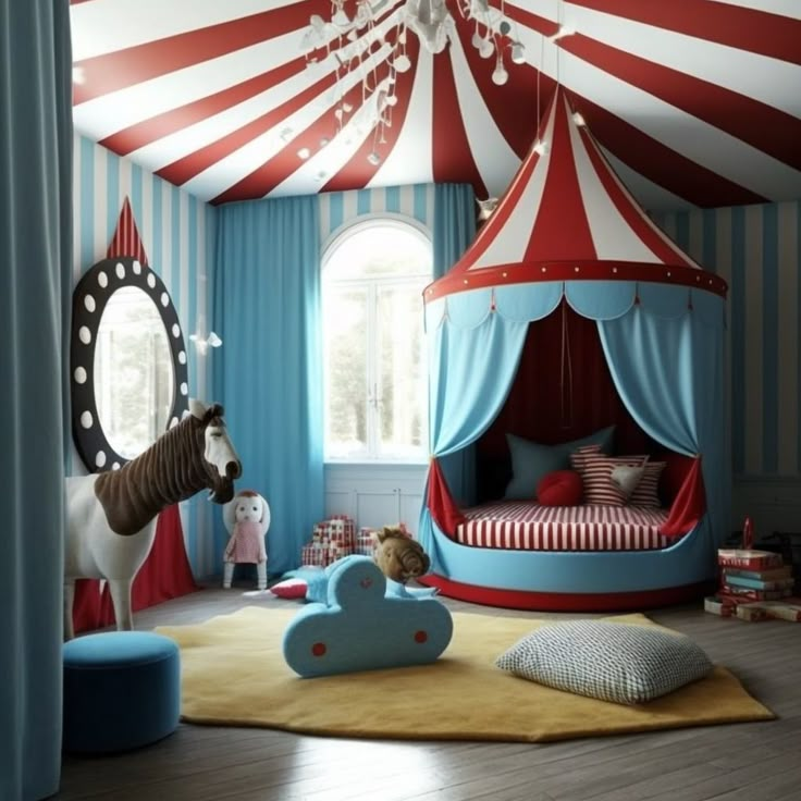 a child's bedroom decorated in red, white and blue with a circus theme