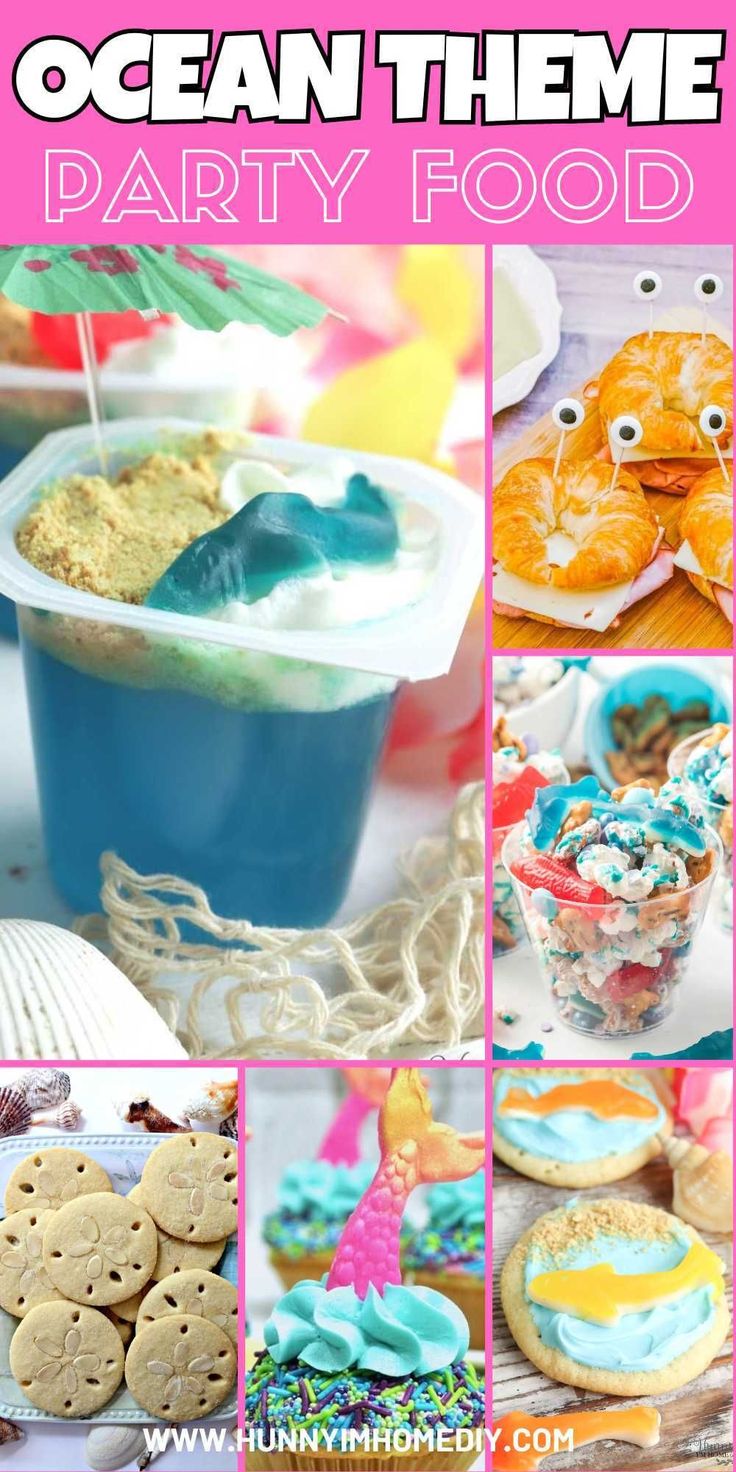 an ocean theme party food collage with cookies, desserts and other foods on the table