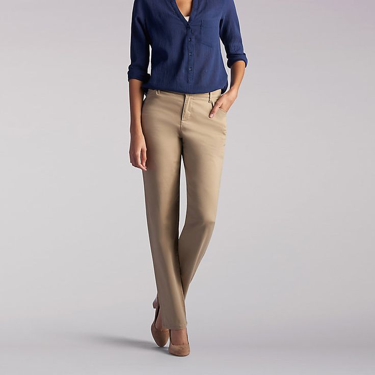 With a thoughtful redesign that encompasses both style and comfort, Lee straight-leg pants are now better than ever. These Lee relaxed fit pants come in a variety of colors and prints while accommodating a broad size range. And best of all, they can be dressed up or dressed down for almost any occasion. Pair these Lee women's pants with a classic button-down top or sweater, and complete your outfit with a skinny heel or sleek dress boot to create a look that can easily transition from the office Khaki Style, Business Professional Outfits, Teaching Outfits, Work Dresses For Women, Straight Leg Pant, Business Casual Outfits For Work, Pants Women Fashion, Classy Work Outfits, Casual Work Outfits