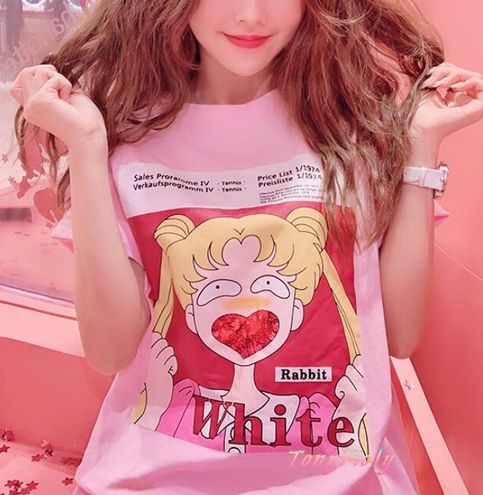 Only US$17.99||  Fashion Glitter Heart Sailor Moon Long T-shirt for Women Spring Y2k Anime Print Tops, Y2k Style Anime Print Tops For Spring, Harajuku Letter Print Tops For Summer, Summer Harajuku Tops With Letter Print, Harajuku Cartoon Print Summer Top, Summer Harajuku Tops With Cartoon Print, Harajuku Style Cartoon Print Summer Top, Spring Kawaii Letter Print Tops, Spring Harajuku Letter Print Tops