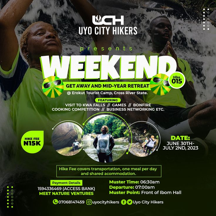 a flyer for the uyo city hikers'weekend, featuring two men in green shirts