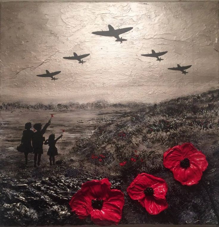 a painting with three people and two red poppies in the foreground, one person holding up a flag