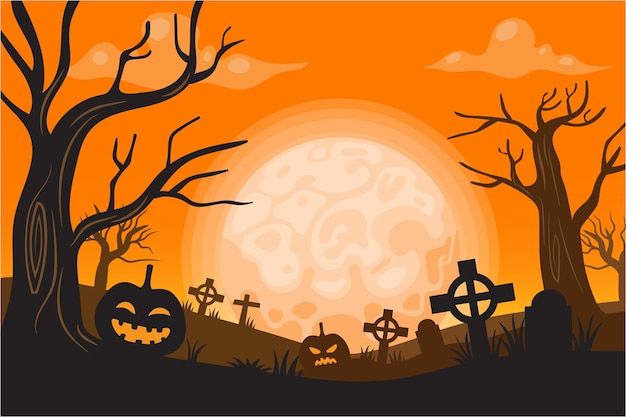 a halloween scene with pumpkins and tombstones