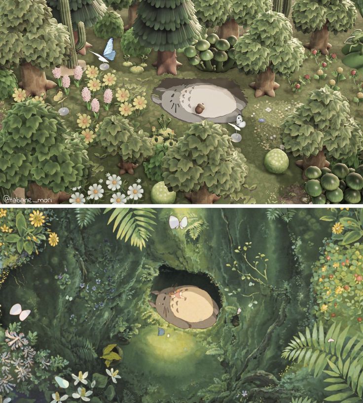 two pictures of the same area with trees and animals in it, one has an animal hole