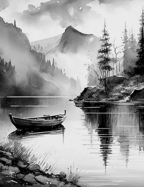 a black and white painting of a boat on a lake