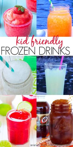 four different frozen drinks are shown in this collage with the words, kid friendly frozen drinks