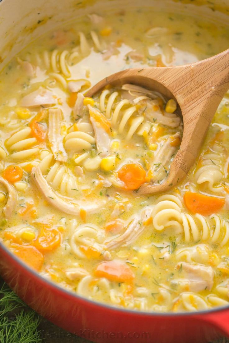 a red pot filled with chicken noodle soup and a wooden spoon in the bowl