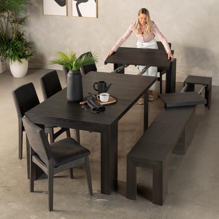 PRICES MAY VARY. 【Extendable Dining Room Table and Benches】 Dining table set for 6 that can expand into a dining table set for 10 to 12. Each dining bench also extends to seat from 1 to 6 people. 【Space Saving Furniture】This Transformer Table dining set is small space-friendly. It sits at just 1½ ft by 3⅛ ft as a compact console table. Or with just one leaf added it can be a great small dining table for 2. 【Comfortable and Modern】Dining set that consists of a brown dining table and a brown bench Dining Table For 2, Extendable Kitchen Table, Trendy Dining Room, Transformer Table, Space Saving Dining Table, Convertible Table, Table For 2, Wood Dining Room Table, Table 8