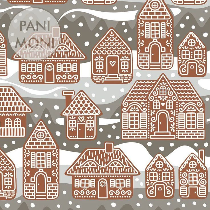 a brown and white pattern with houses in the snow on a gray background that says pani woman